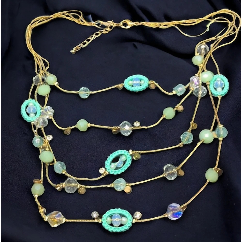 Multistrand Crystal Bead Station Gold tone Rhinestone Necklace